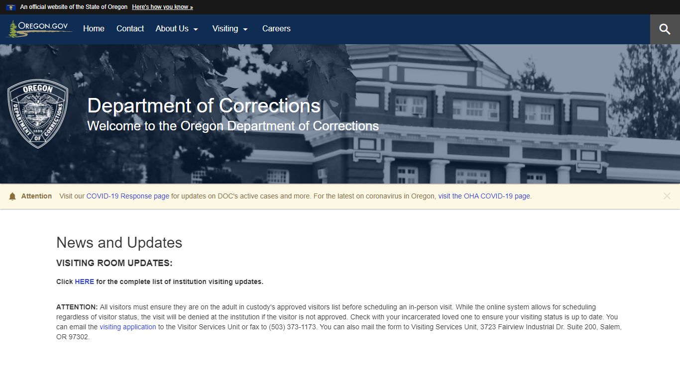 Department of Corrections : Welcome Page : State of Oregon